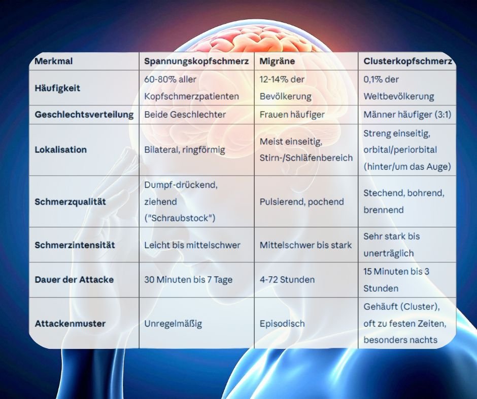 Unterscheidungsmerkmale von Spannungskopfschmerz, Migräne und Clusterkopfschmerz