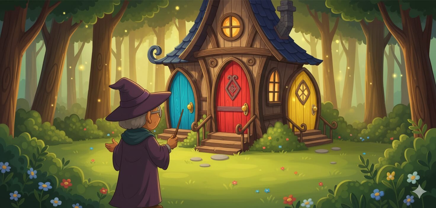 witchhouse with 3 doors A witch standing in front of a house with 3 doors, trying to decide which one to take