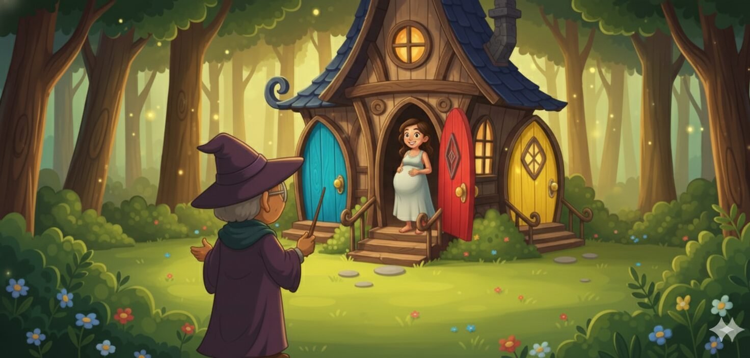 A pregnant woman is looking out of the door