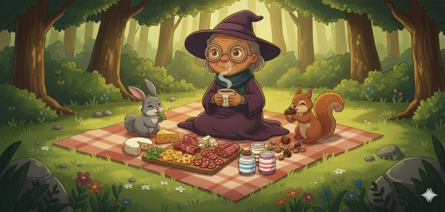 the witch is sitting on the blanket and is enjoying a picnic with her friends